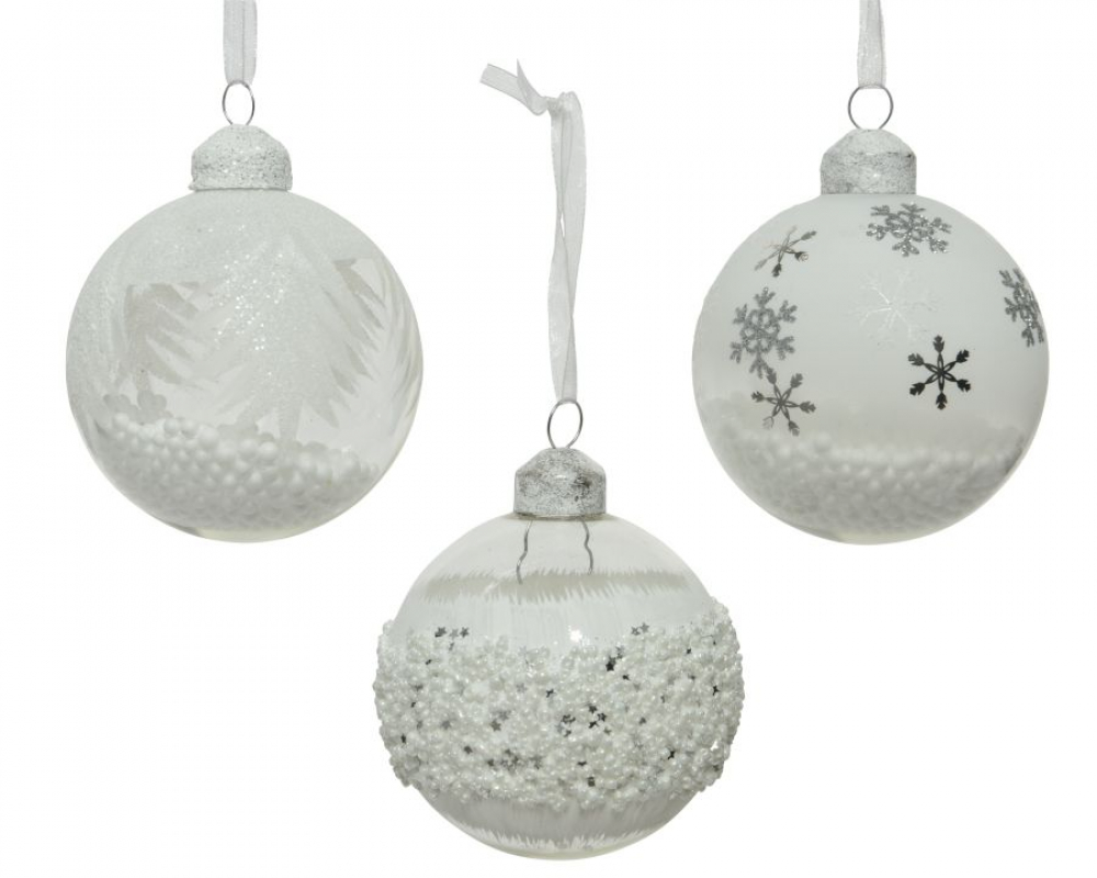 Glas-Kugel 8 cm Snowflake 3sort. Klar-frost 060128