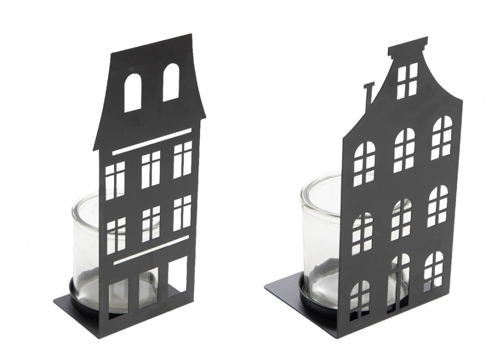 Metall-Windlicht Hausfront, mit Glas, sortiert schwarz, 11x23cm, Glas 10x10cm 37MET91