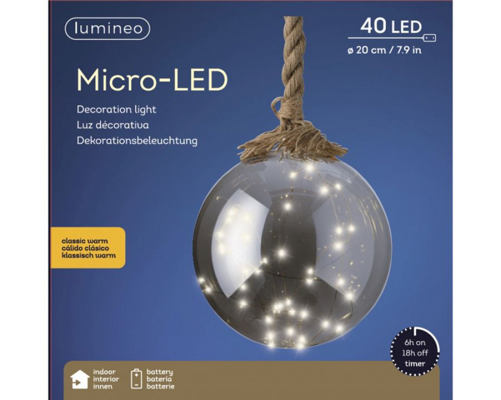 Glas-Kugel 20cm m. 40er LED-Lichterk. Grau 480369