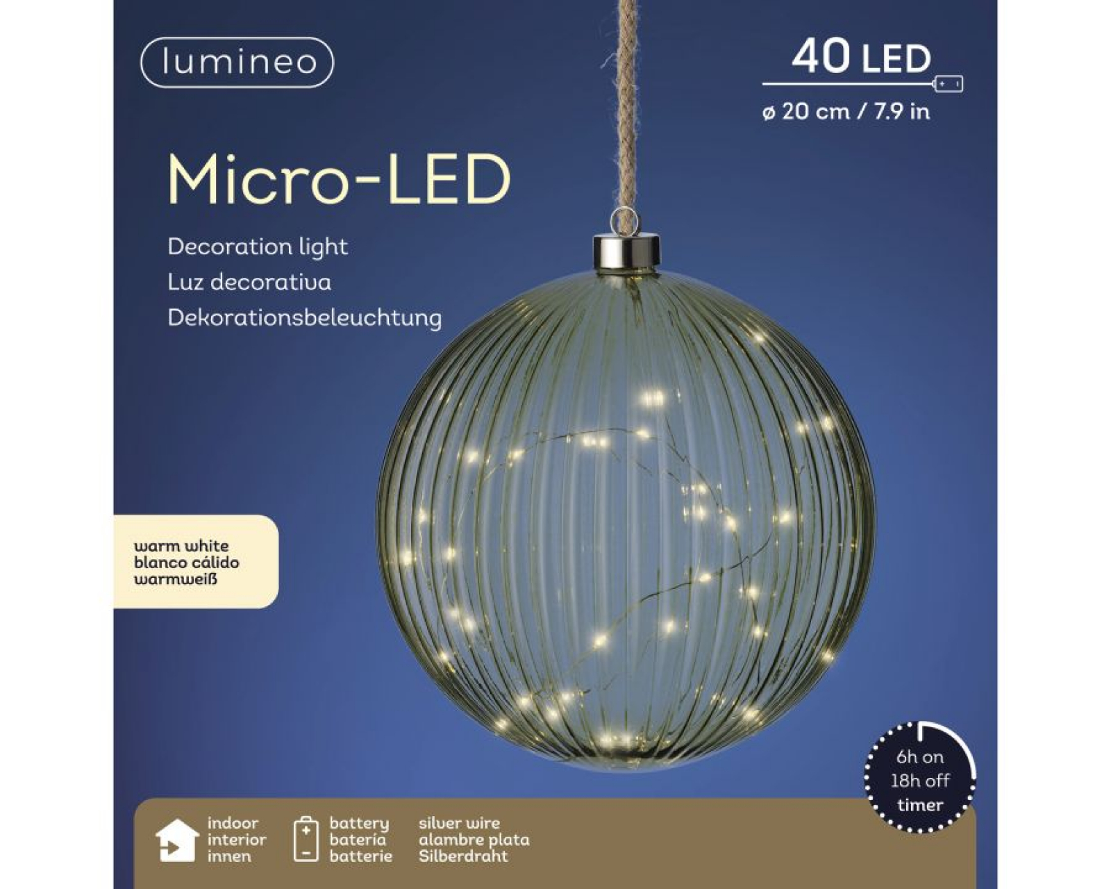 Glas-Kugel 20cm m LED-Lichterk. Gruen 487598